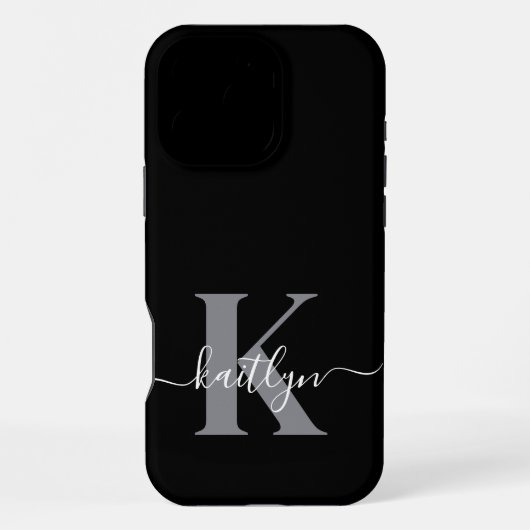 Coque iPhone 16 Pro Max Monogramme moderne gris noir script (Verso)
