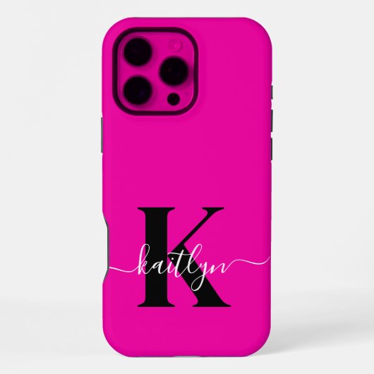 Coque iPhone 16 Pro Max Monogramme moderne rose noir écriture script (Verso)