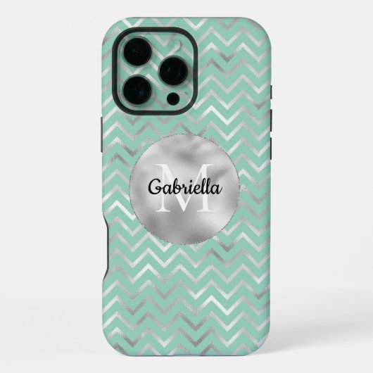 Coque iPhone 16 Pro Max Monogramme rayures zigzag argent menthe (Verso)