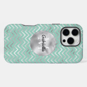 Coque iPhone 16 Pro Max Monogramme rayures zigzag argent menthe (Verso Horizontal)