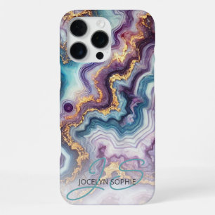 Coque iPhone 16 Pro Max Motif artistique en marbre violet sarcelle bleu or