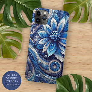 Coque iPhone 16 Pro Max Motif artistique Paisley noir bleu marine Azur fon