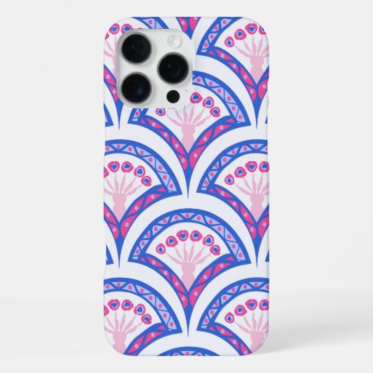 Coque iPhone 16 Pro Max motif damassé floral bleu (Verso)