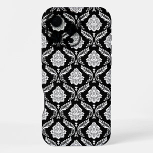 Coque iPhone 16 Pro Max Motif Damassé Rococo Blanc sur Fond Noir