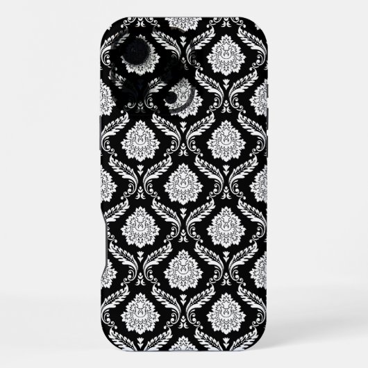 Coque iPhone 16 Pro Max Motif Damassé Rococo Blanc sur Fond Noir (Verso)