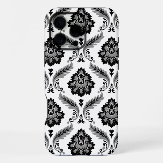 Coque iPhone 16 Pro Max Motif Damassé Rococo Gris Noir Blanc (Verso)