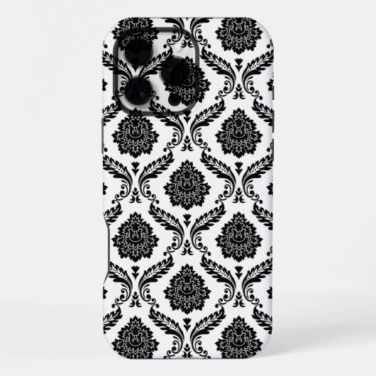 Coque iPhone 16 Pro Max Motif Damassé Rococo Noir sur Blanc (Verso)
