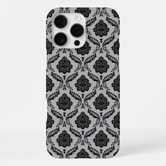 Coque iPhone 16 Pro Max Motif Damassé Rococo Noir sur Gris (Verso)