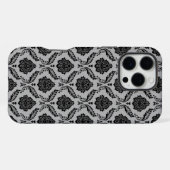 Coque iPhone 16 Pro Max Motif Damassé Rococo Noir sur Gris (Verso Horizontal)