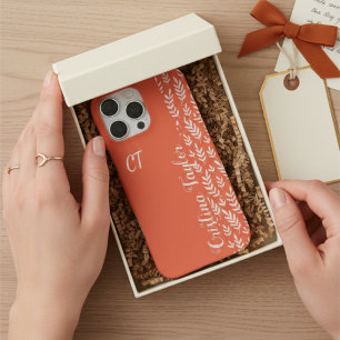 Coque iPhone 16 Pro Max motif de feuille blanche monogrammé sur rose éléga