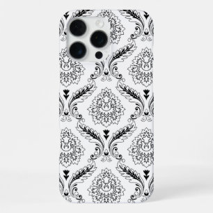 Coque iPhone 16 Pro Max Motif de ligne en damas rococo noir sur blanc