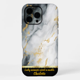 Coque iPhone 16 Pro Max Motif en marbre élégant aux accents dorés en gris