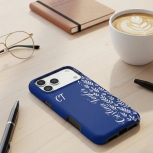 Coque iPhone 16 Pro Max Motif feuille rose pâle sur bleu monogrammed