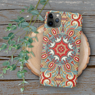 Coque iPhone 16 Pro Max Motif mosaïque floral bleu sarcelle, lumière rouge
