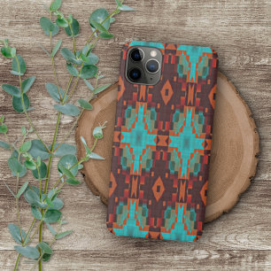 Coque iPhone 16 Pro Max Motif mosaïque tribal turquoise sarcelle orange ro