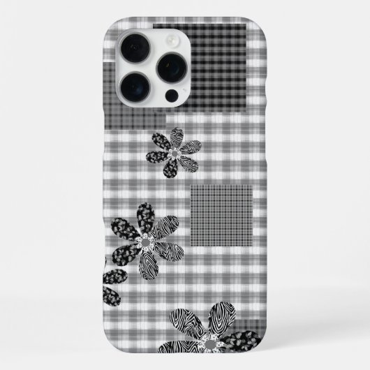 Coque iPhone 16 Pro Max Motif rustique en patchwork noir et blanc rétro (Verso)