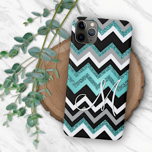 Coque iPhone 16 Pro Max Motif zigzag argent turquoise bleu noir personnali