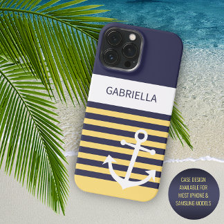 Coque iPhone 16 Pro Max Navy bleu foncé personnalisé bandes blanches jaune