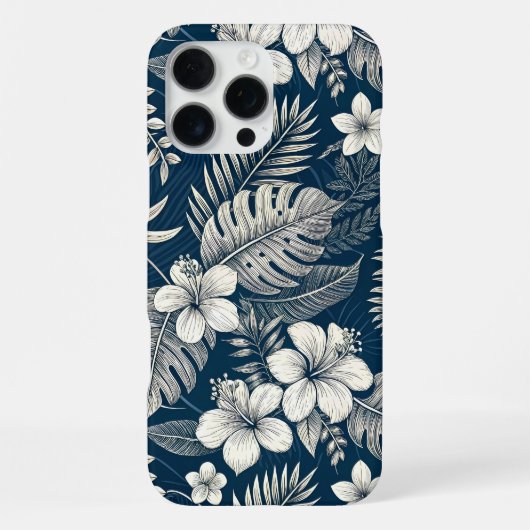 Coque iPhone 16 Pro Max Navy Blue Hibiscus Monstera Tropical Botanical (Verso)