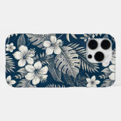Coque iPhone 16 Pro Max Navy Blue Hibiscus Monstera Tropical Botanical (Verso Horizontal)