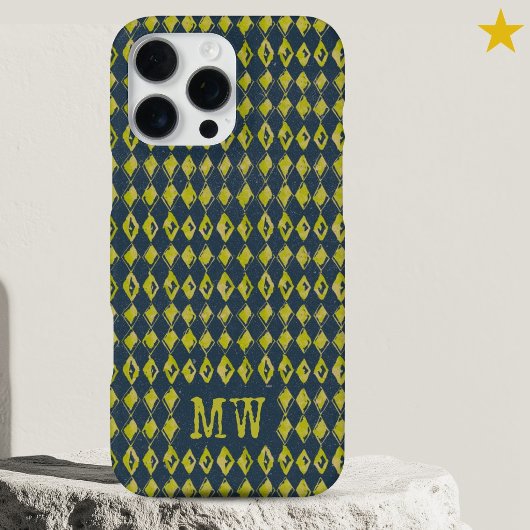 Coque iPhone 16 Pro Max Navy Yellow Doodle Diamond Pattern Custom Monogram