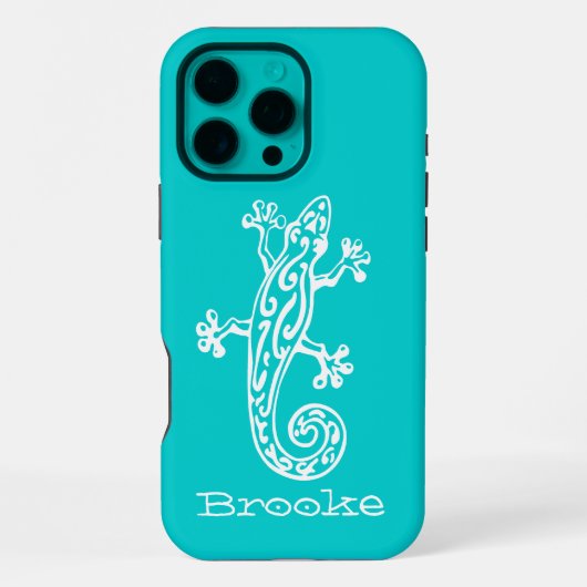 Coque iPhone 16 Pro Max Nom de lézard Gecko blanc et aqua (Verso)