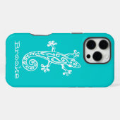 Coque iPhone 16 Pro Max Nom de lézard Gecko blanc et aqua (Verso Horizontal)