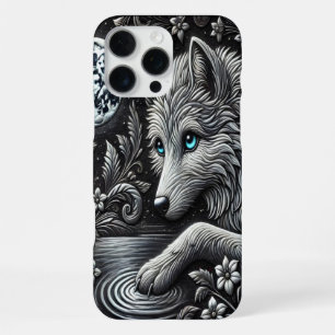 Coque iPhone 16 Pro Max Œuvre d'art loup au clair de lune réfléchissant