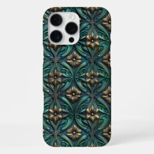 Coque iPhone 16 Pro Max Or Embossé Et Fleurs Vertes