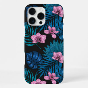 Coque iPhone 16 Pro Max Orchidées et feuilles de palmiers, rose et bleu su