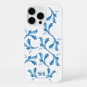 Coque iPhone 16 Pro Max Ornements de feuille de carreau bleu minimaliste c