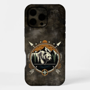 Coque iPhone 16 Pro Max Ours montagnard rustique et vintage pour l'extérie