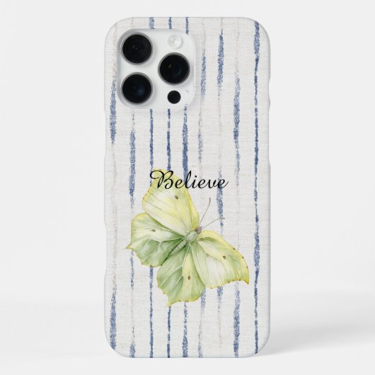 Coque iPhone 16 Pro Max Papillon Vert Menthe Croire Bleu Rayures Blanches (Verso)