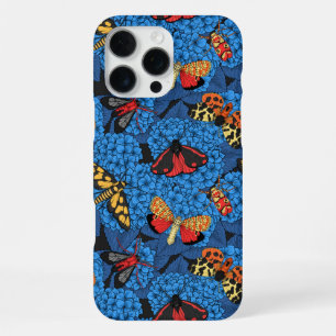 Coque iPhone 16 Pro Max Papillons de nuit sur hortensia bleu