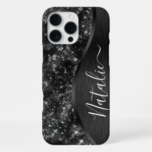 Coque iPhone 16 Pro Max Parties scintillant noire métallique personnalisée
