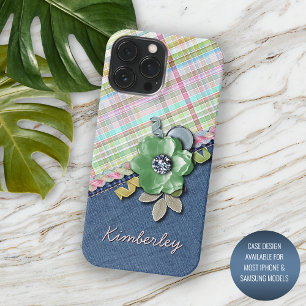 Coque iPhone 16 Pro Max Pastel rose vert menthe bleu motif gingham carreau