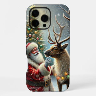 Coque iPhone 16 Pro Max Père Noël et Renne, Forêt enneigée, Sapin de Noël
