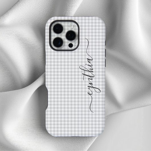 Coque iPhone 16 Pro Max Petite signature gingham gris clair