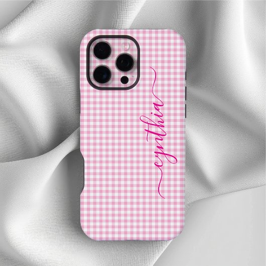 Coque iPhone 16 Pro Max Petite signature gingham rose pâle
