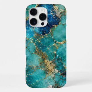 Coque iPhone 16 Pro Max Pierre Turquoise de Luxe avec Veines d'Or Élégante