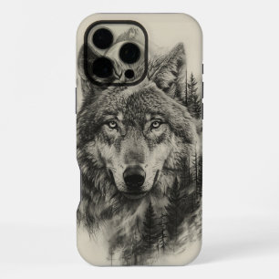 Coque iPhone 16 Pro Max Portrait de loup dans une forêt tranquille