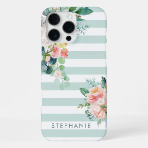 Coque iPhone 16 Pro Max Rayure florale à l'aquarelle Nom personnalisé