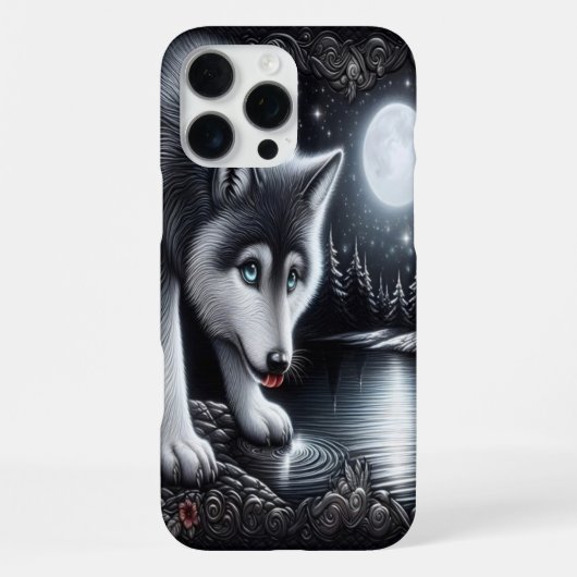 Coque iPhone 16 Pro Max Reflet du loup blanc au clair de lune (Verso)