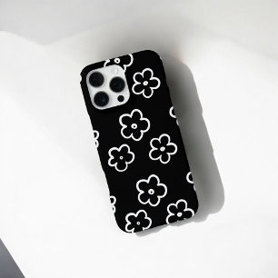 Coque iPhone 16 Pro Max Rétro Chic Motif Floral Noir et Blanc Fantaisiste