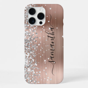 Coque iPhone 16 Pro Max Rose Gold Métallisé Paillettes Argentées Signature