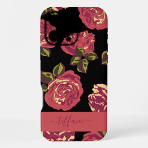 Coque iPhone 16 Pro Max Roses roses roses noires à motif floral avec nom