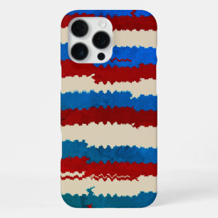 Coque iPhone 16 Pro Max Rouge, Blanc et Bleu Rustique Motif Rayé Déchiré