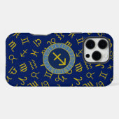 Coque iPhone 16 Pro Max Sagittaire Zodiac+Astrologie Symboles Ptn Gld+Blue (Verso Horizontal)