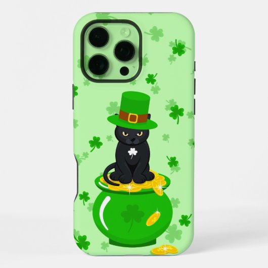 Coque iPhone 16 Pro Max Saint Patrick's Day Shamrock Pot of Gold Black Cat (Verso)