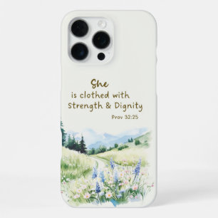 Coque iPhone 16 Pro Max Scène Naturelle Fleurs Bleues Verset Biblique Prov